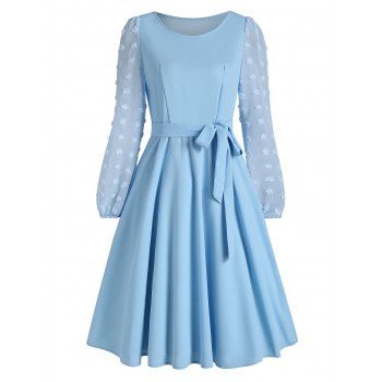 

Belted Chiffon Textured Sleeve Swing Dress, Light blue