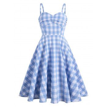 

Plaid A Line Cami Retro Dress, Light blue