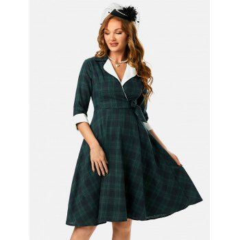 

Plaid Bowknot Lapel Surplice Dress, Deep green