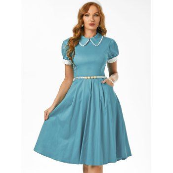 

Contrast Trim Pocket Princess Seam Dress, Blue