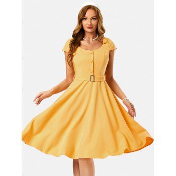 

Mock Button Belted Cap Sleeve Dress, Yellow