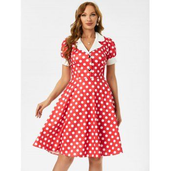 

Vintage Polka Dot Mock Button Lapel A Line Dress, Red