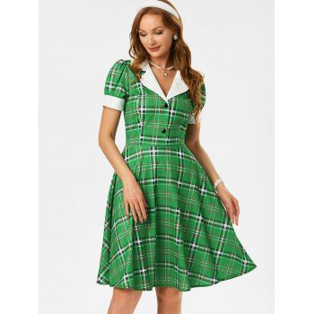 

Vintage Plaid Mock Button Lapel A Line Dress, Green