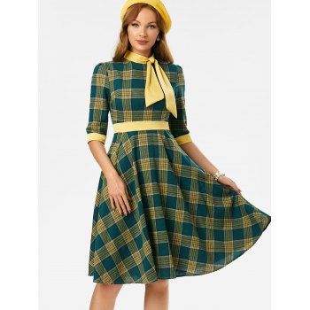 

Plaid Pocket Tied Vintage Dress, Deep green