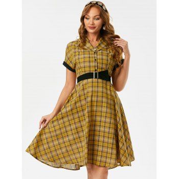 

Plaid Button Placket Belted Retro Dress, Yellow