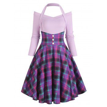 

Plaid Print A Line Dress Off The Shoulder Halter Dress Mock Button Long Sleeve Dress, Purple