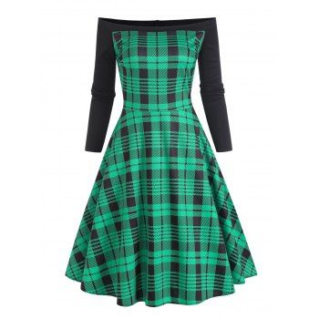 

Plaid Off Shoulder Flared Dress, Green