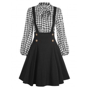 

Vintage Suspender A Line Skirt and Houndstooth Bowknot Retro Blouse Set, Black