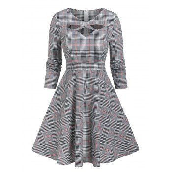 

Plaid Print Cut Out Long Sleeve Dress, Light gray