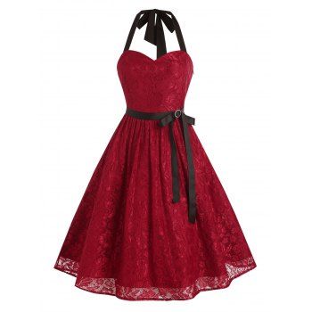 

Lace Halter Bowknot A Line Party Dress, Red