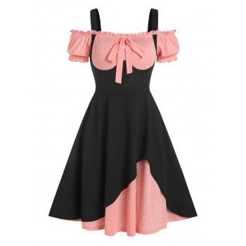 

Vintage Colorblock Puff Sleeve Cutout Cold Shoulder Bowknot Twofer A Line Dress, Black