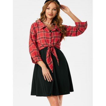 

Front Tie Plaid Top And Sleeveless A Line Dress Set, Multicolor a