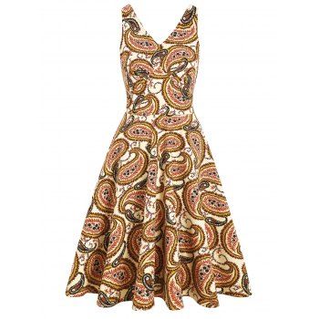 

Allover Paisley Print Dress Empire Waist A Line Dress V Neck Backless Sleeveless Dress, Coffee