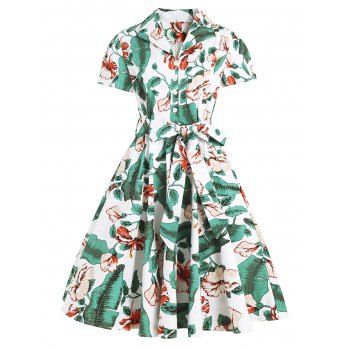 

Vintage Tropical Allover Palm Leaf Print Belted Half Button A Line Dress, White