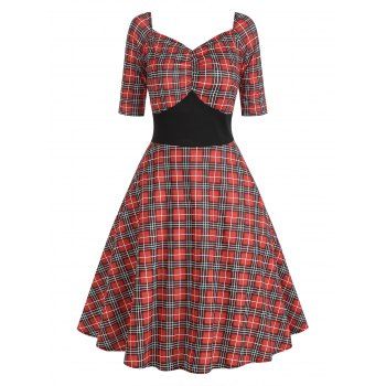 

Vintage Dress Plaid Print Dress Ruched Empire Waist Dress Half Sleeve Dress, Red