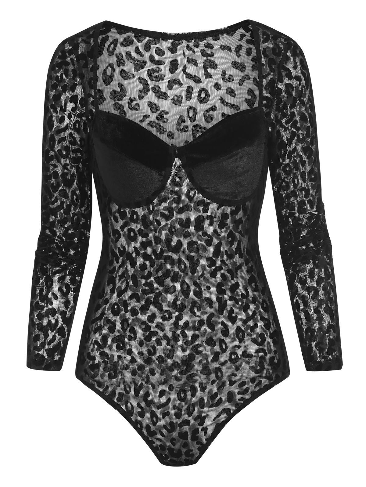 Leopard Mesh Velour Cupped Bodysuit - BLACK L