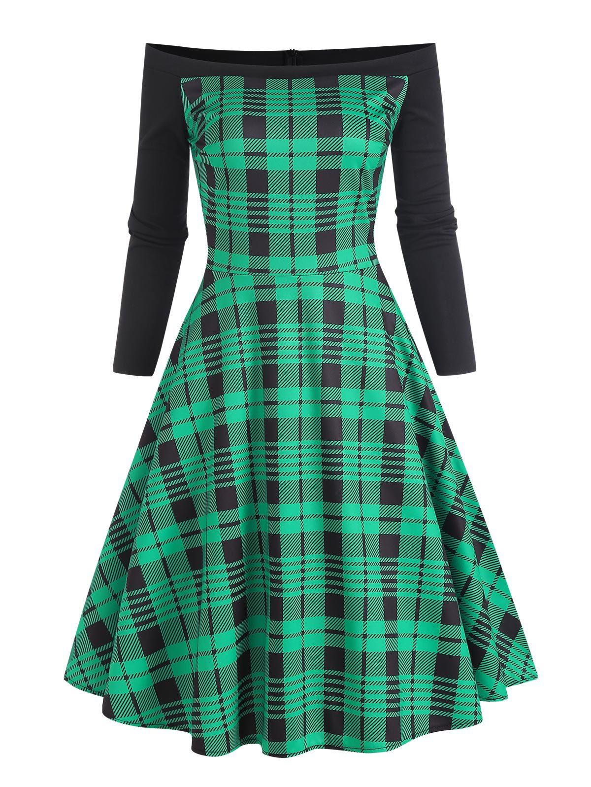 Plaid Off Shoulder Flared Dress - GREEN 2XL