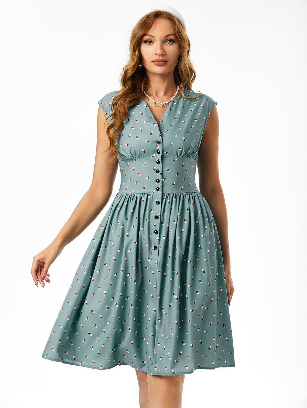 Button Front Notched Collar Ditsy Floral Dress - LIGHT BLUE L