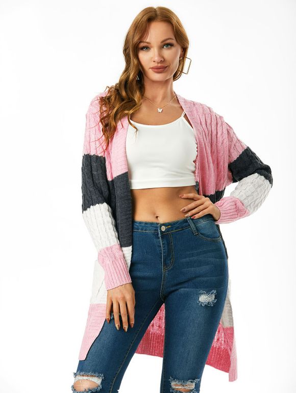 Cardigan Ouvert en Avant en Blocs de Couleurs en Tricot à Câble - Rose clair XL
