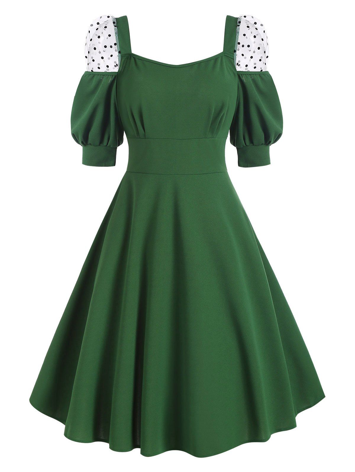 Vintage Dress Puff Sleeve Milkmaid Dress Dotted Flocked Mesh Panel A Line Dress - DEEP GREEN M