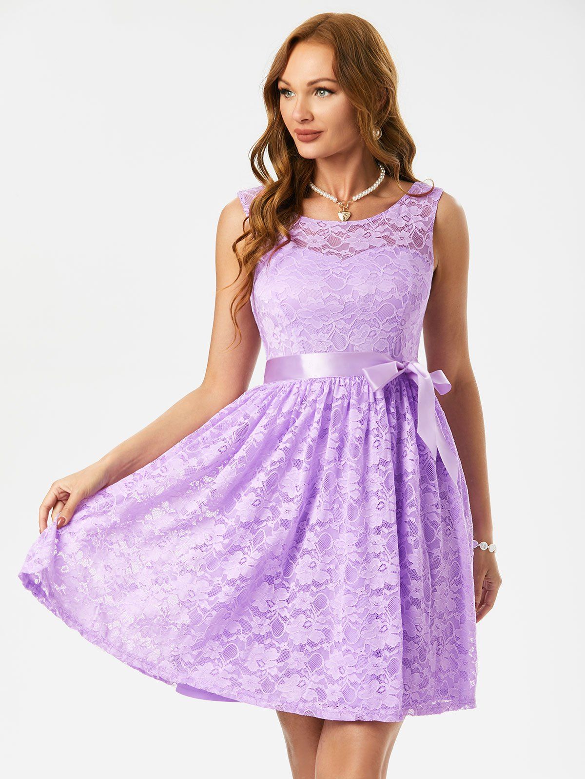 Lace Overlay V Back Belted Dress - LIGHT PURPLE S