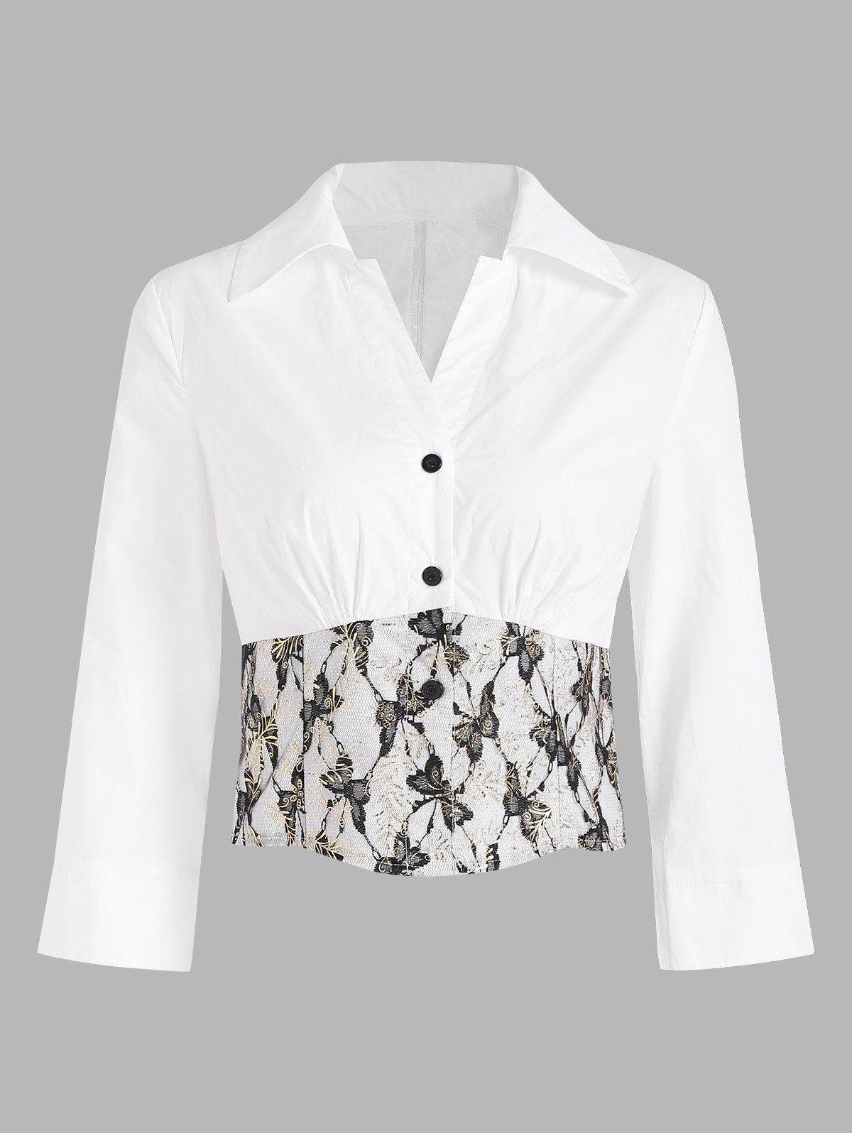 Lace Insert V Notched Corset Style Shirt - WHITE L