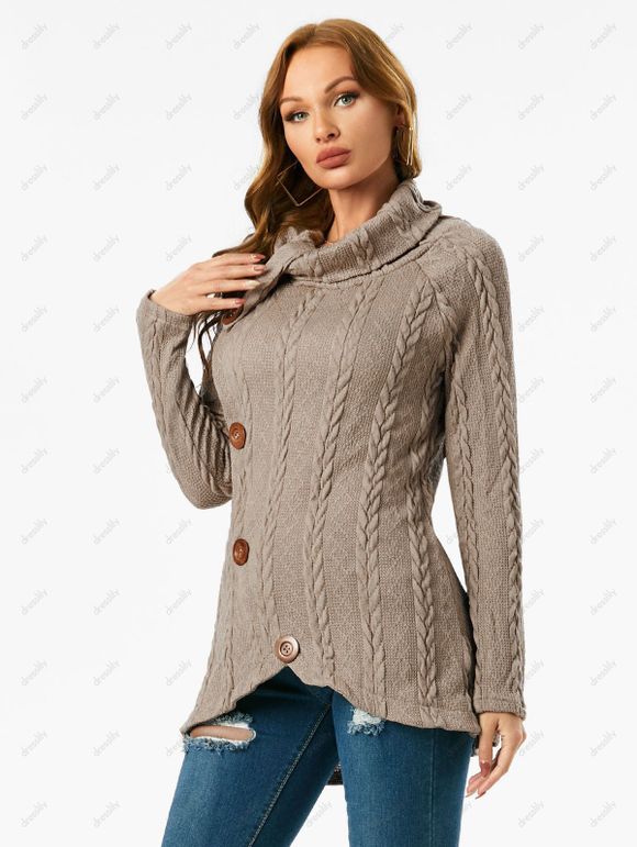 Pull en Tricot à Câble à Manches Raglan à Col Roulé - café M