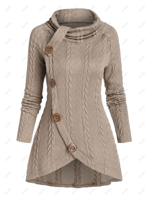 Pull en Tricot à Câble à Manches Raglan à Col Roulé - café M