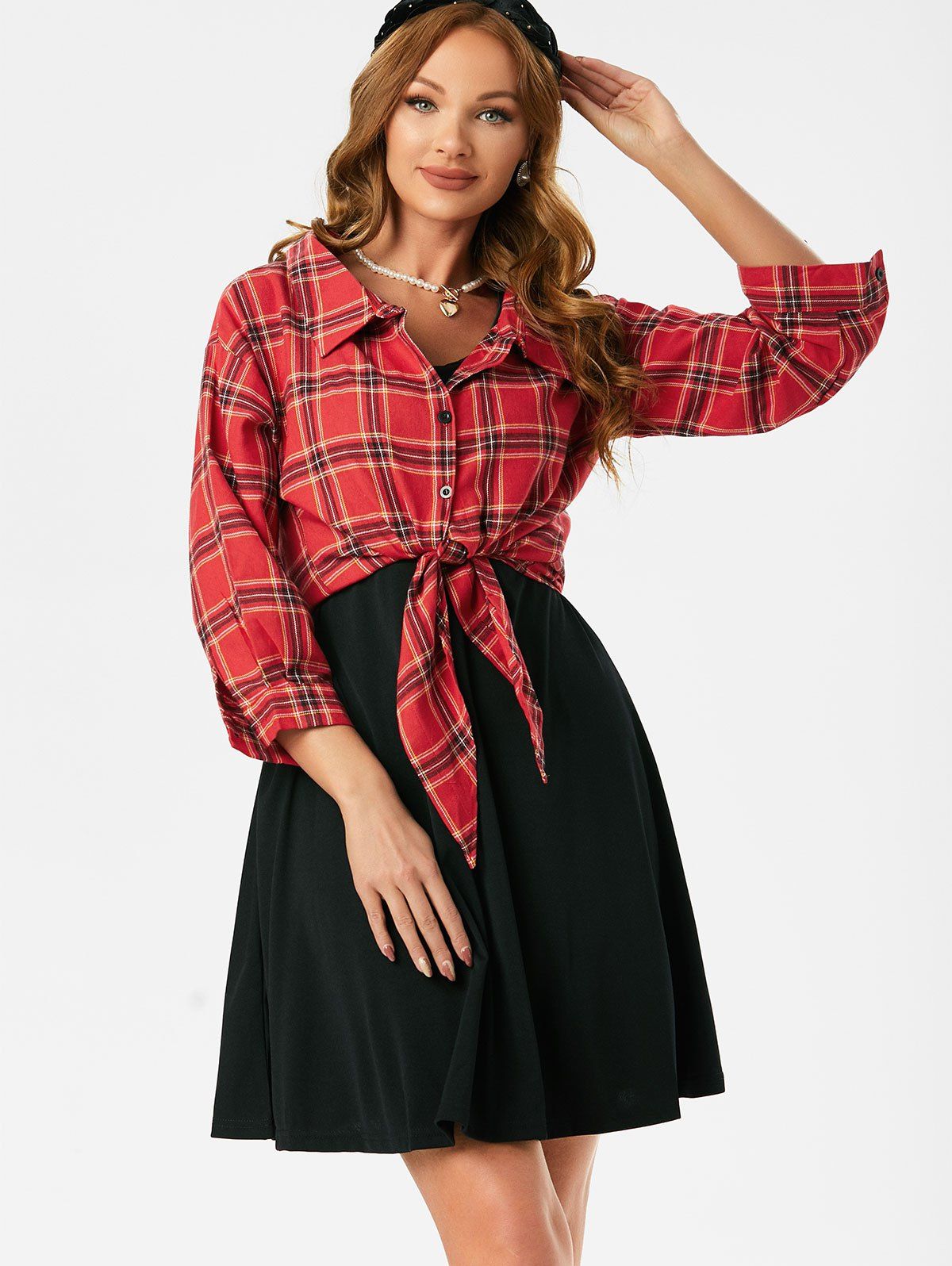 Front Tie Plaid Top And Sleeveless A Line Dress Set - multicolor A M