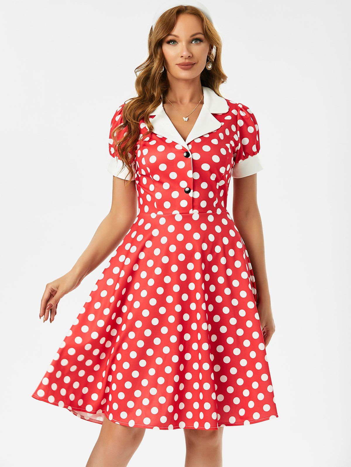 Vintage Polka Dot Mock Button Lapel A Line Dress - RED 2XL