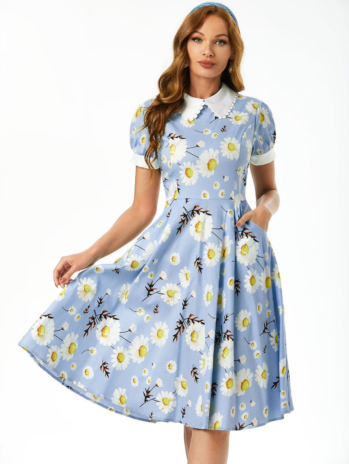 Floral Print Pocket Dress - LIGHT BLUE S
