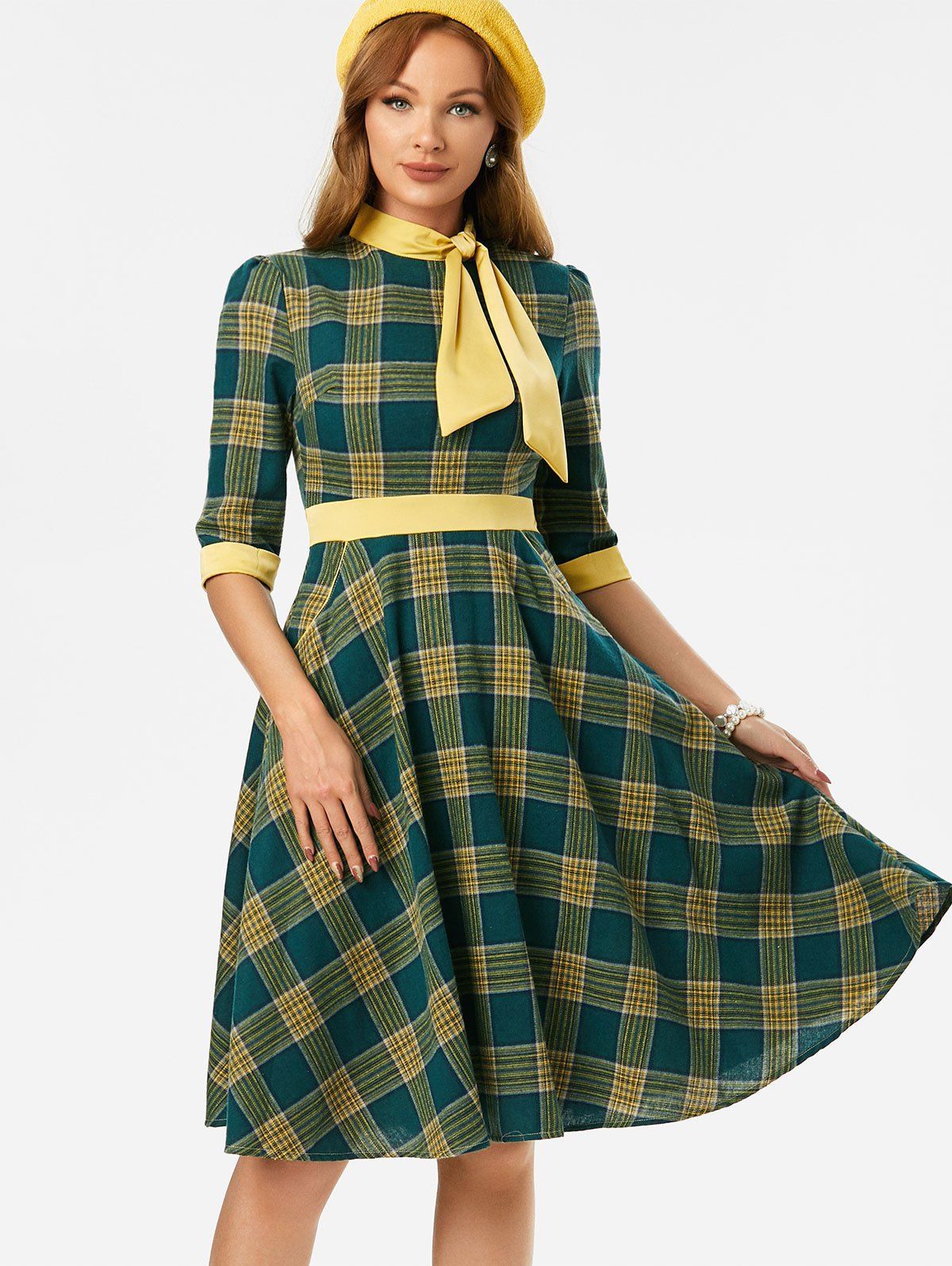 Robe Vintage Nouée à Carreaux avec Poche - Vert profond XL
