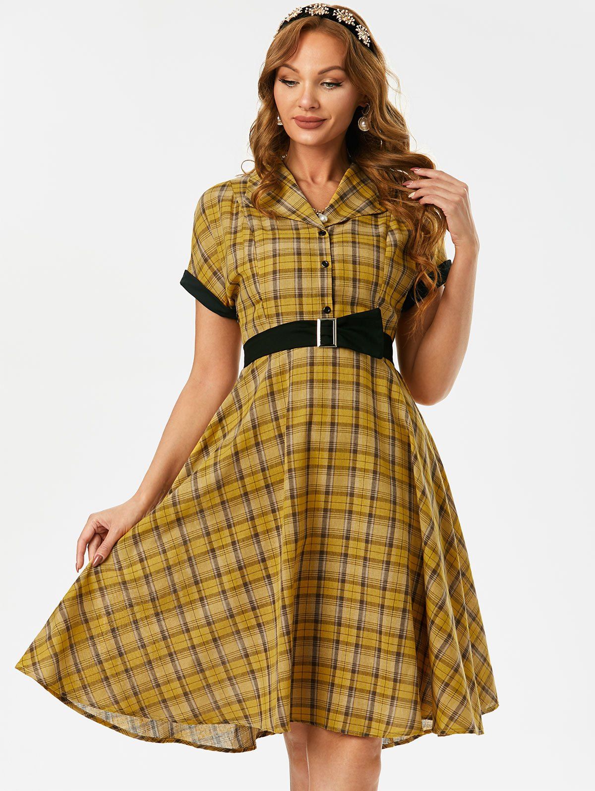 Plaid Button Placket Belted Retro Dress - YELLOW M