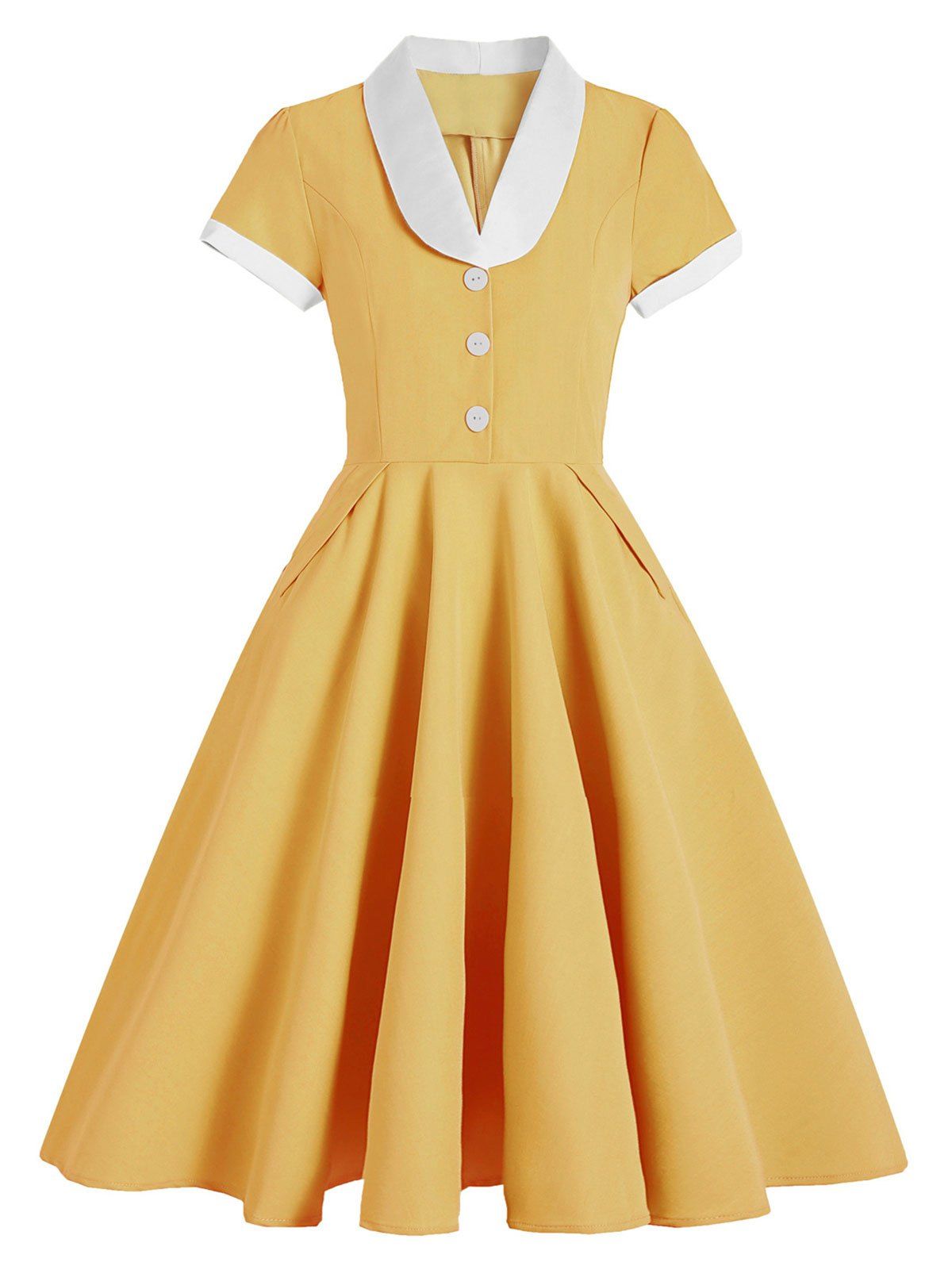 Colorblock Mock Button Rolled Cuff Pocket Dress - YELLOW L