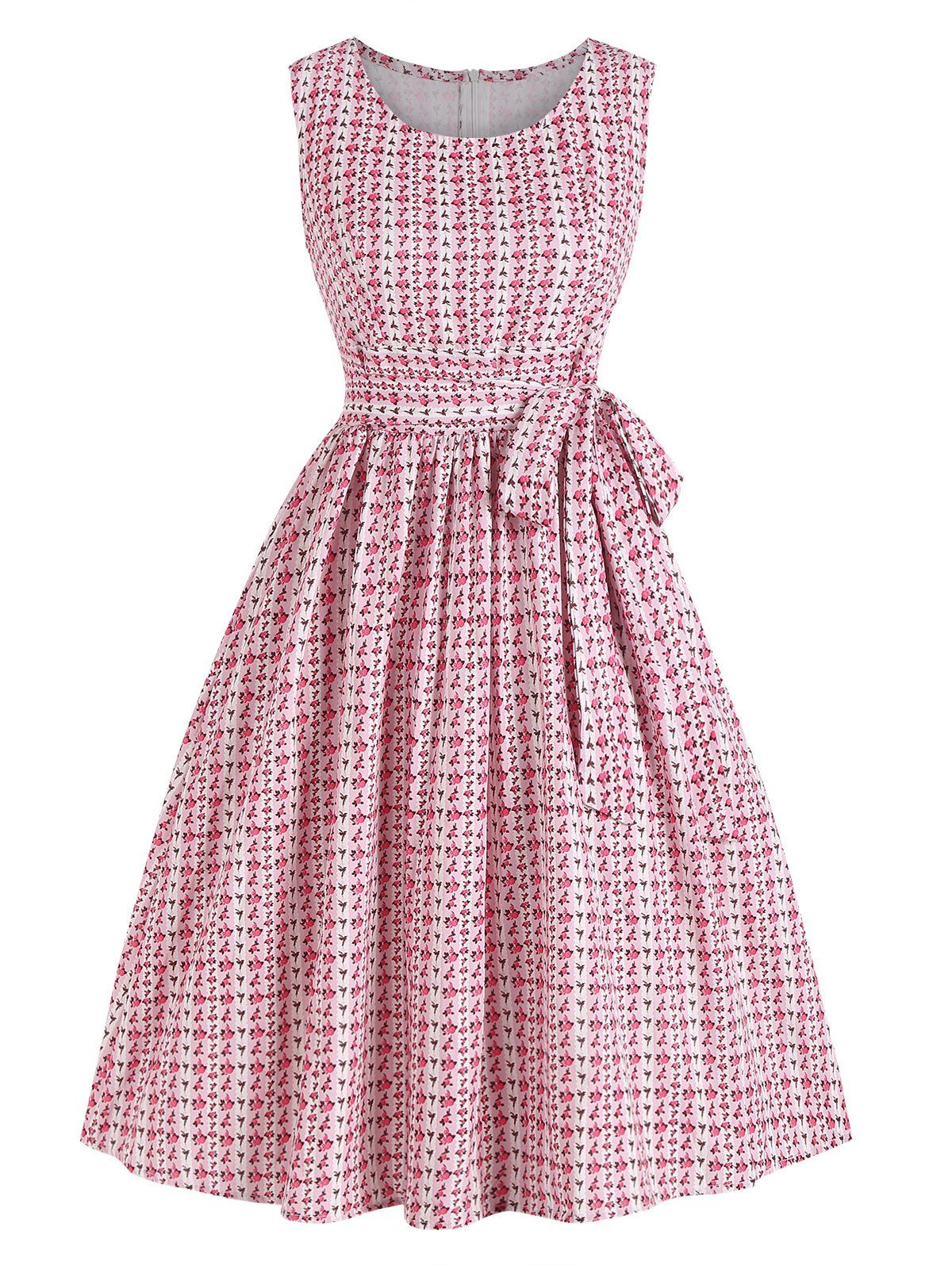 Belted Sleeveless Ditsy Floral Swing Dress - LIGHT PINK M