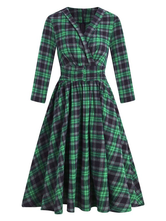 Plaid Ruched Waist Surplice Dress - GREEN M
