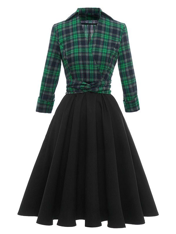 Plaid V Notched Belted Rolled Cuff Dress - GREEN L