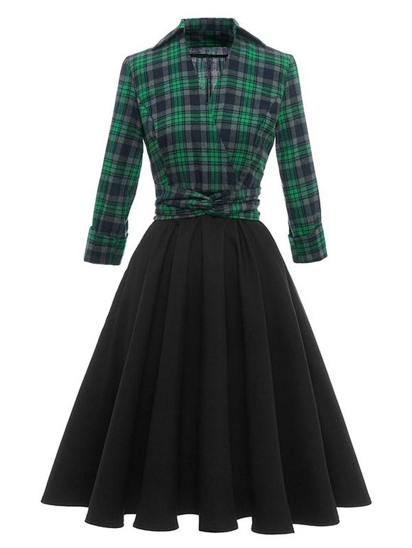Plaid V Notched Belted Rolled Cuff Dress - GREEN M