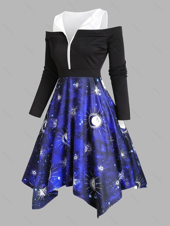 Robe Mouchoir à Imprimé Galaxie et Carreaux à Epaule Dénudée à Demi-zip - Bleu XL