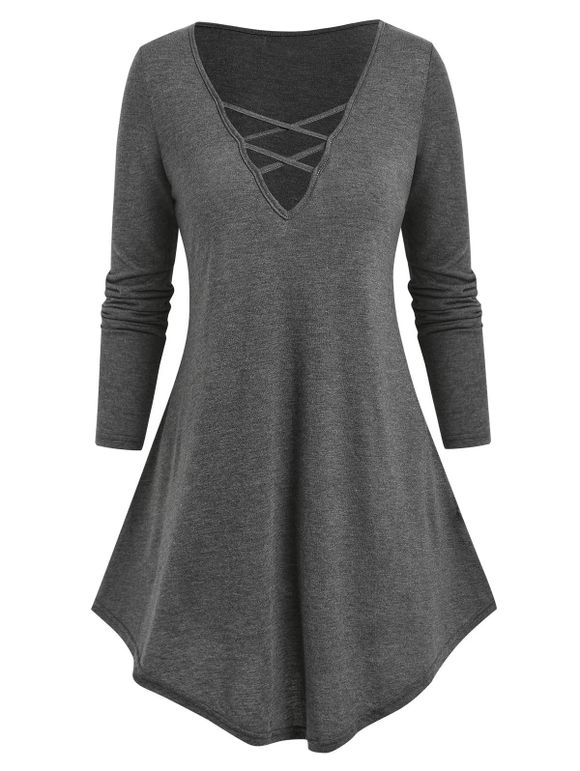 T-shirt Chiné Croisé à Ourlet Courbe - Gris XXXL
