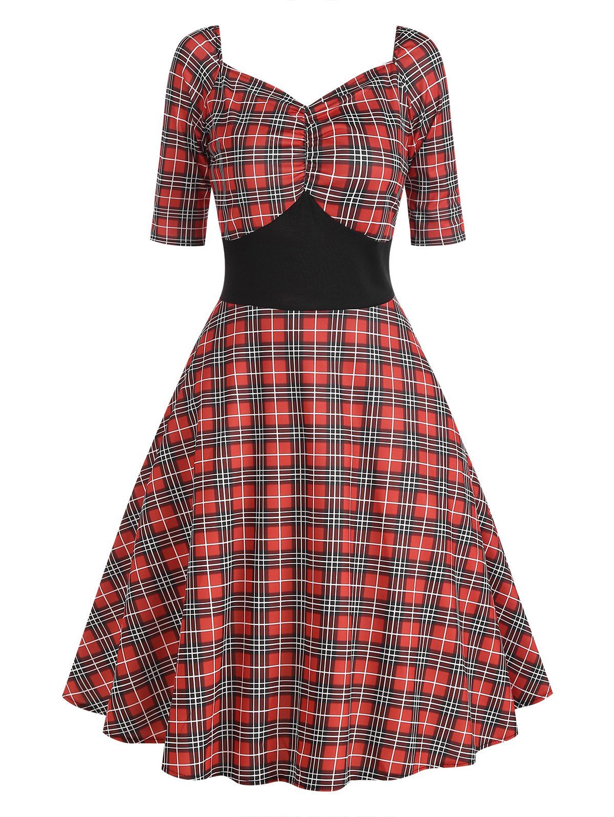Vintage Dress Plaid Print Dress Ruched Empire Waist Dress Half Sleeve Dress 