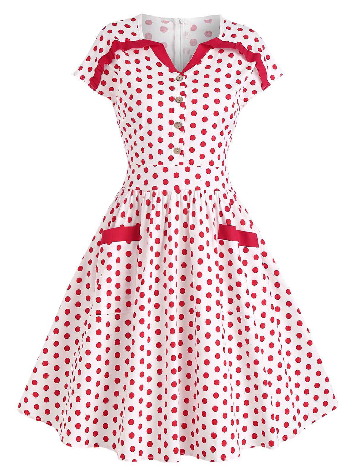 Polka Dots Print Vintage Dress Button Pockets Frilled A Line Dress Notched Collar Flare Dress - RED M