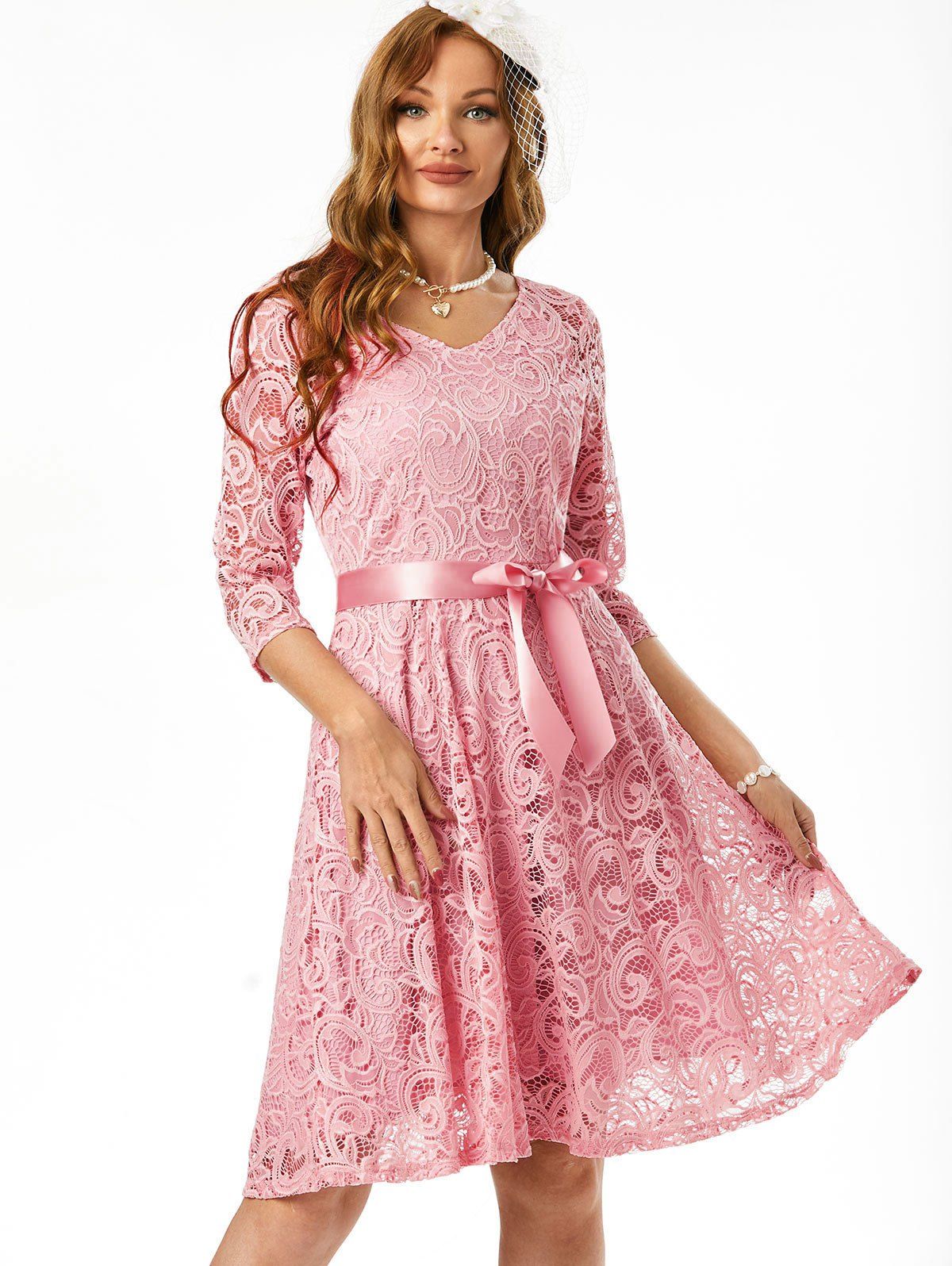 Lace Overlay Belted V Neck Dress - LIGHT PINK L