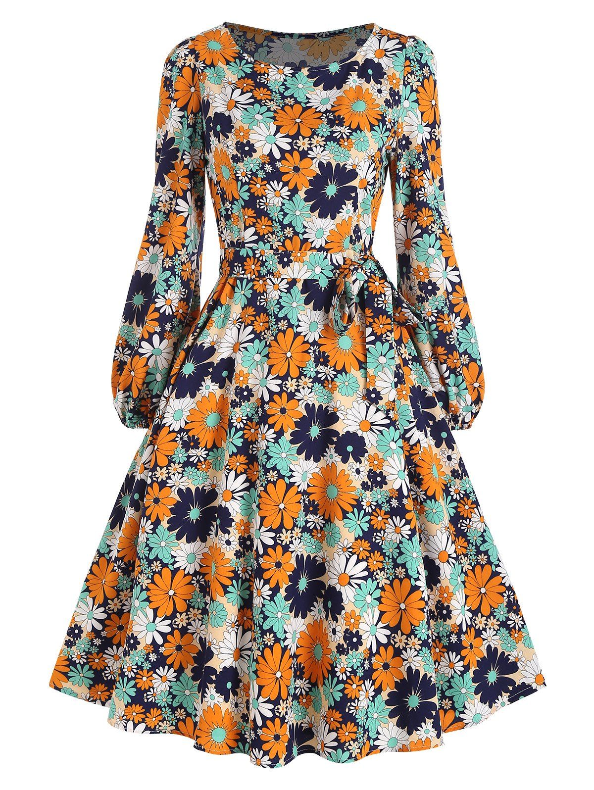 Belted Long Sleeve Floral Swing Dress - multicolor M