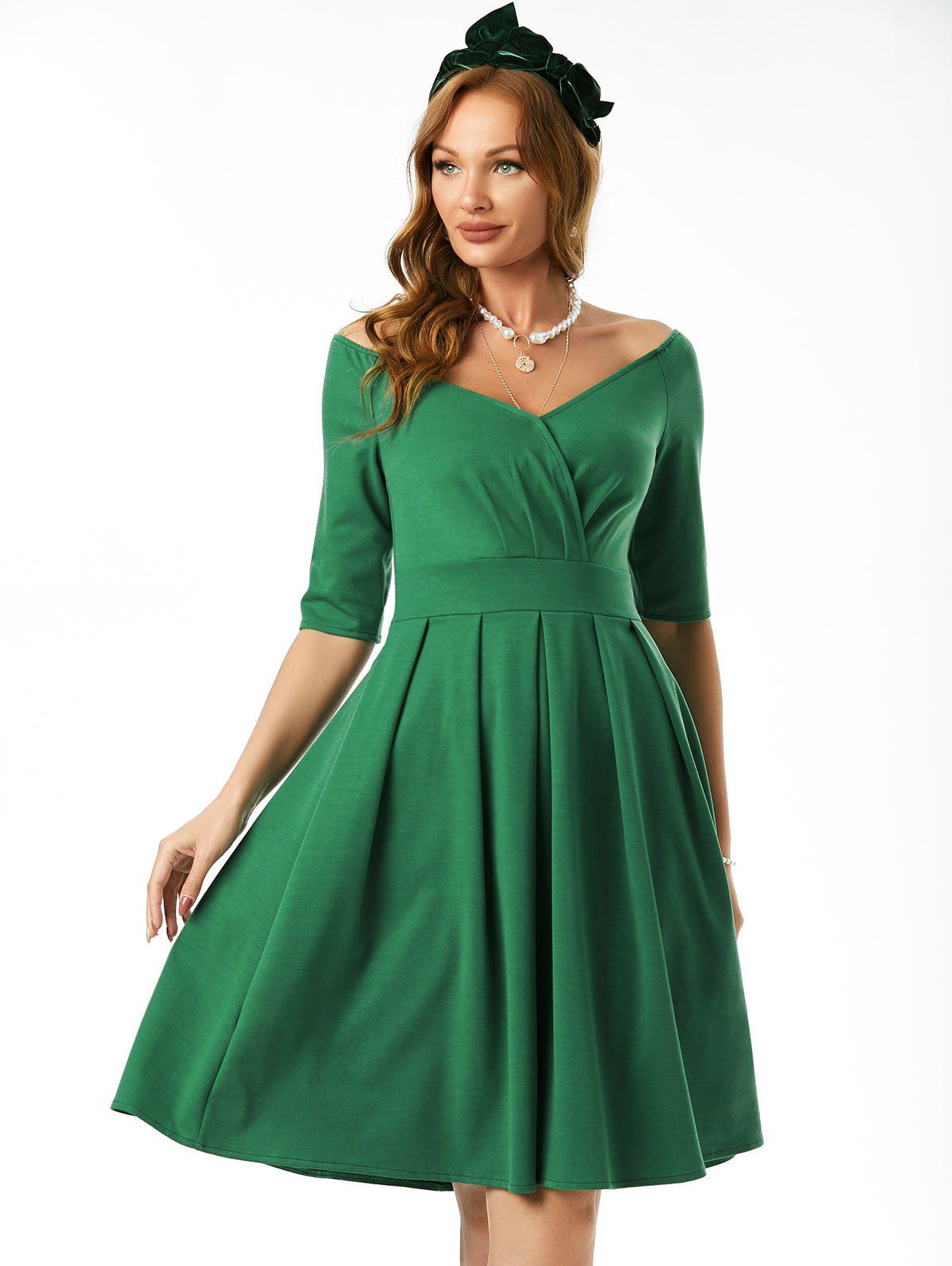 Raglan Sleeve Off Shoulder Surplice Ruched A Line Dress - GREEN XL