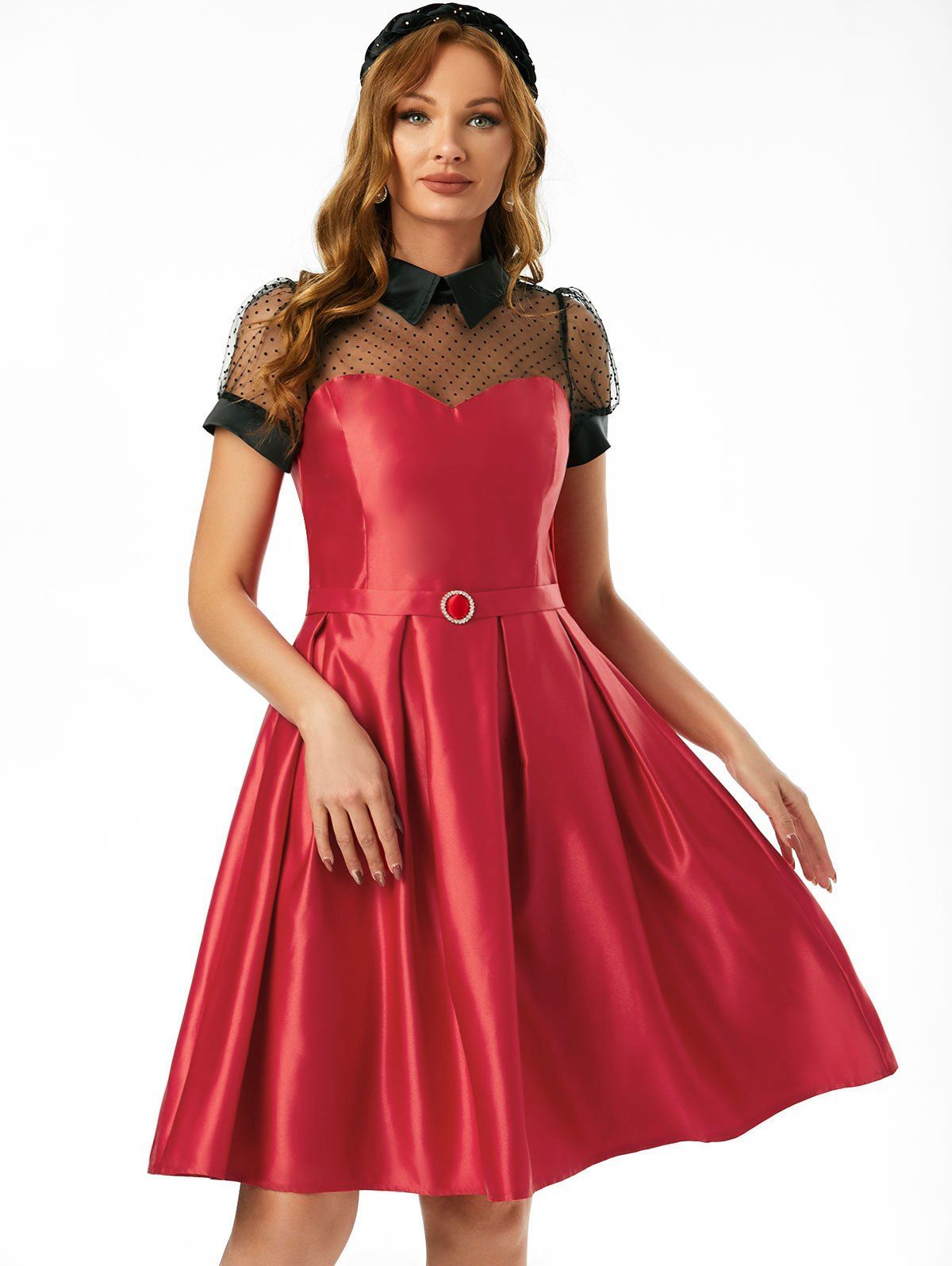 Mesh Insert Belted Prom Dress - RED 2XL
