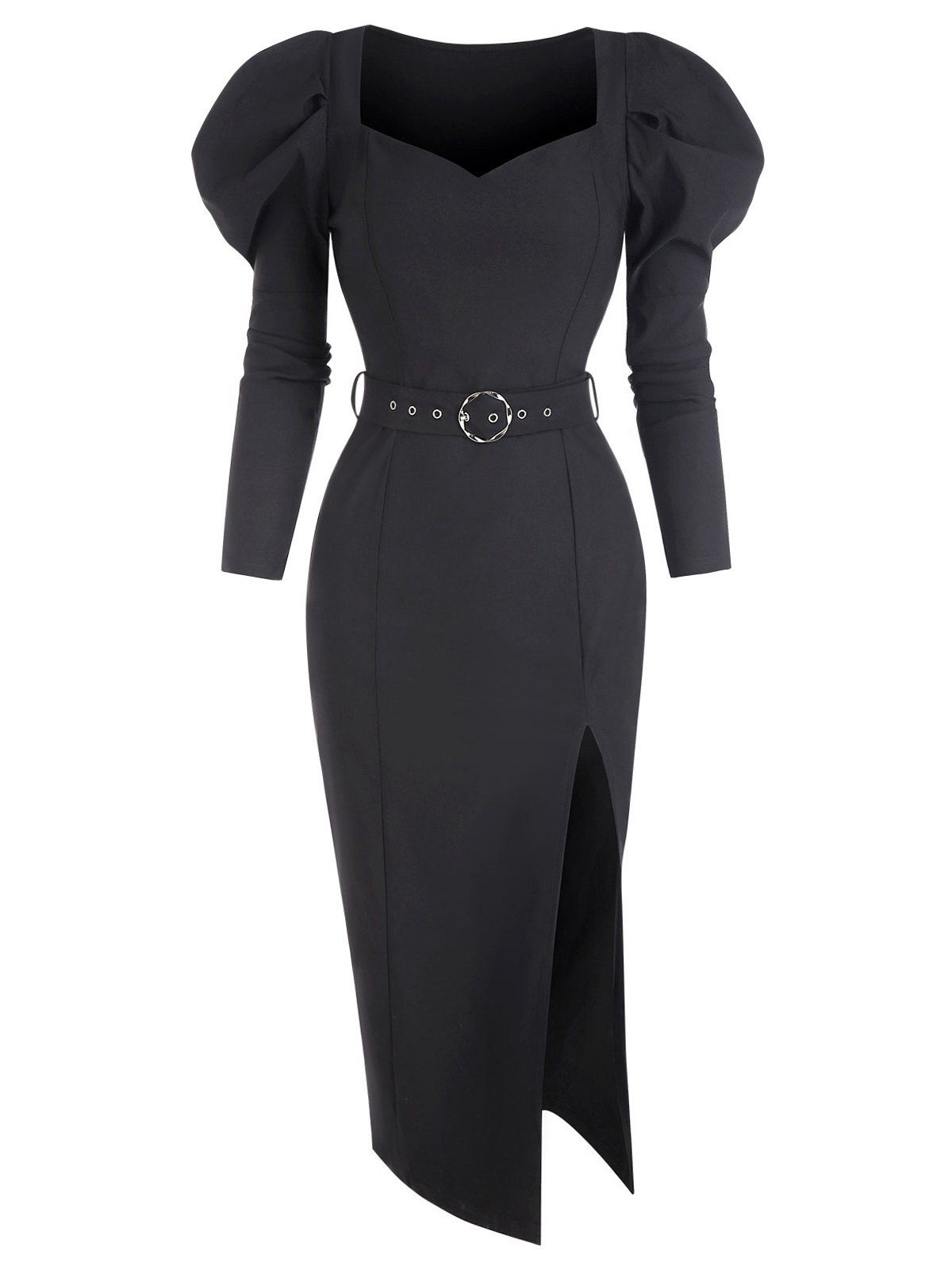 Gigot Sleeve Slit Belted Midi Dress - BLACK M