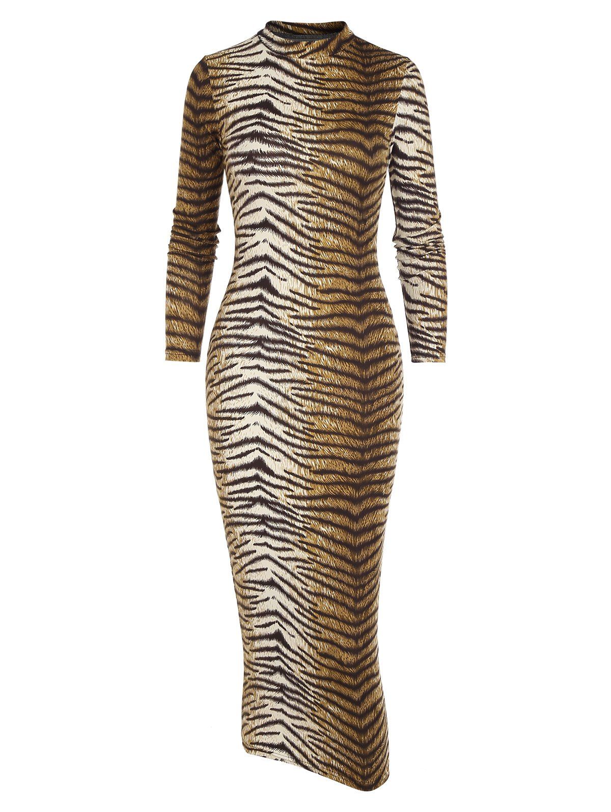 Tiger Print Midi Bodycon Dress - COFFEE M