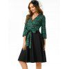 Plaid V Notched Belted Rolled Cuff Dress - GREEN L