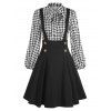 Ensemble de Jupe Vintage à Bretelle Carreaux à Grille avec Nœud Papillon à Col Montant - Noir L